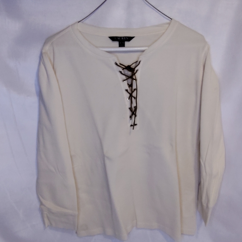 Lauren Ralph Lauren Cream Leather Tie Front 3/4 Sleeve Blouse - Picture 1 of 2